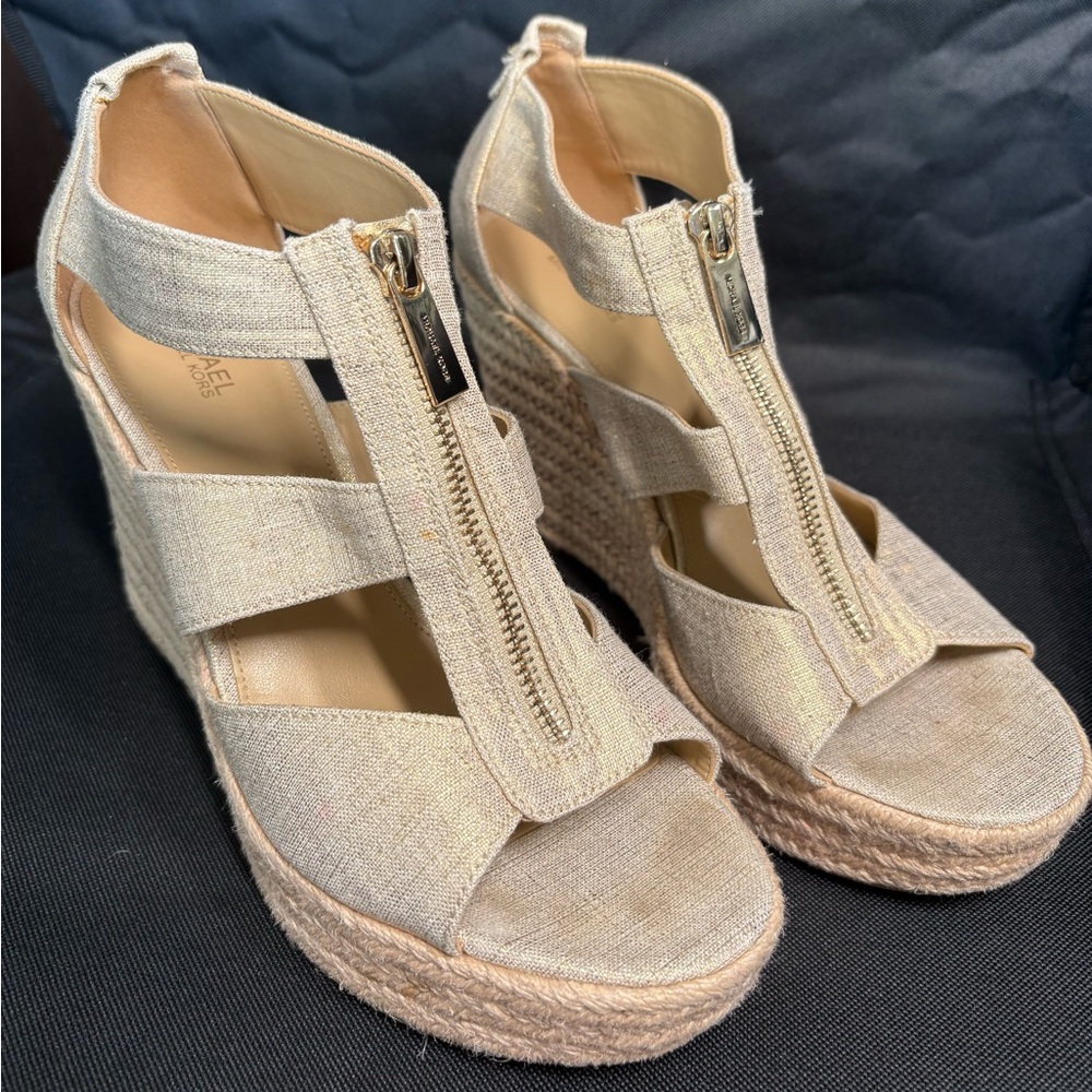 Michael Kors Damita Linen Beige Wedge Sandals - Picture 4 of 11